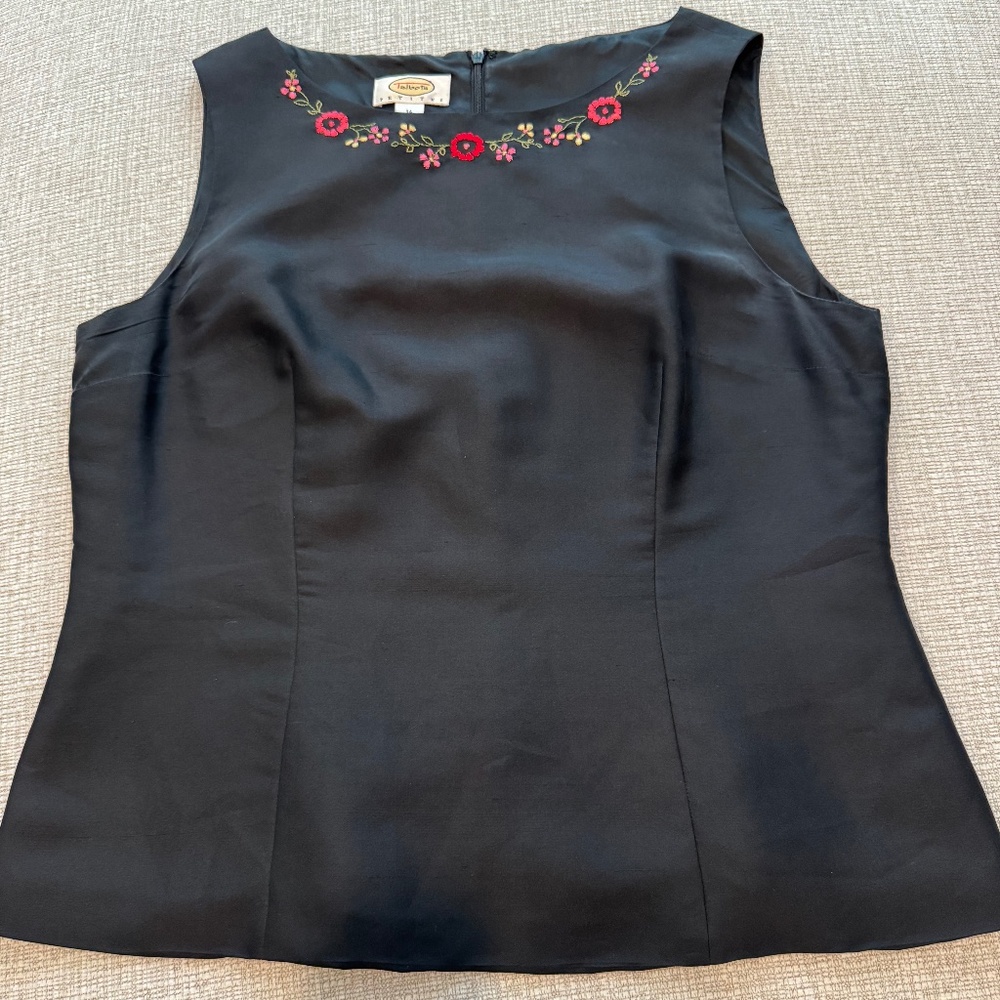TALBOTS Petites Women's  100% Silk Black Tank with embroidered floral design 14